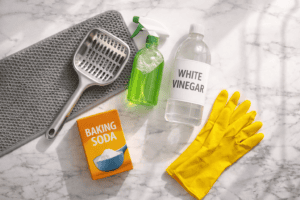 Complete set voor het schoonmaken van je kattenbak: RVS schep, schoonmaakazijn, groene zeep en handschoenen