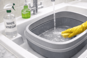 Kattenbak wassen met warm water, groene zeep en azijnwater voor grondige reiniging