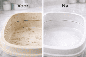 Voor en na het schoonmaken van een kattenbak met azijn en groene zeep