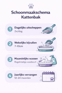 Schoonmaakschema voor je kattenbak: dagelijks scheppen, wekelijks bijvullen, wekelijks schrobben, jaarlijks vervangen