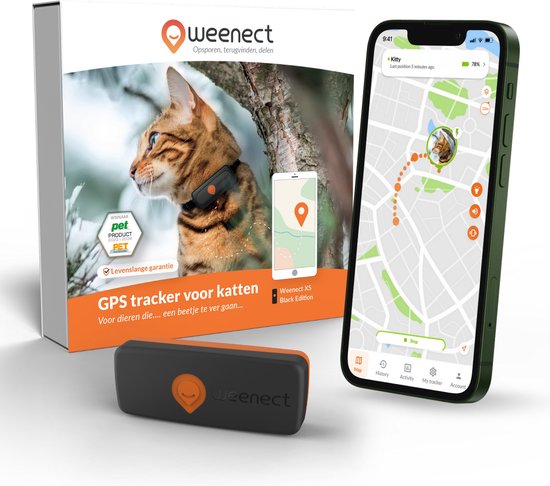 Weenect vs Tractive: Weenect XS gps-tracker voor katten in zwart, met doos en app